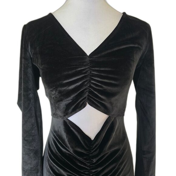 Abercrombie & Fitch Black Velvet Ruched Cutout Bodycon Mini Dress Long Sleeve - Picture 2 of 6